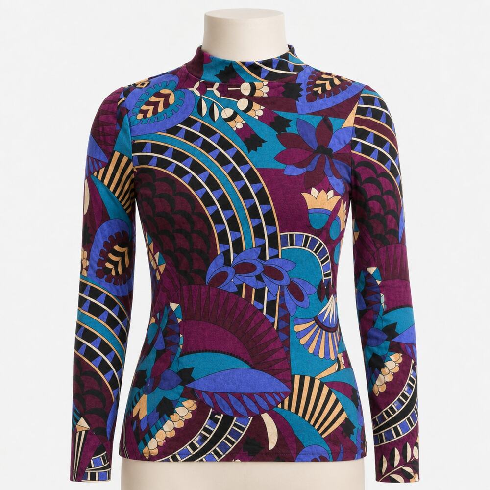 Ann Taylor Multicolor Abstract Floral Mock Neck Top Women’s Small S Long Sleeves